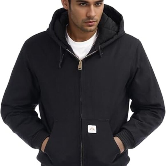 Men's L Heavy Duty Black Loose Fit Quilted Lined Workwear Waterproof Hooded NWT - Picture 1 of 7